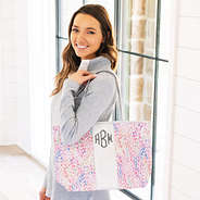 colorful watercolor tote over shoulder