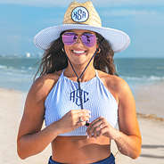 Monogrammed Straw Hat in Navy blue seersucker with swimsuit and dockside tank top