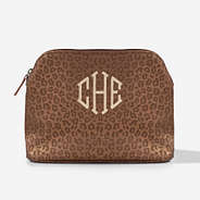 brown monogrammed metallic leopard cosmetic case