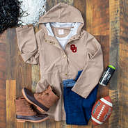 oklahoma khaki rain jacket with wood background