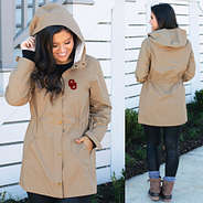 brunette wearing oklahoma khaki rain jacket
