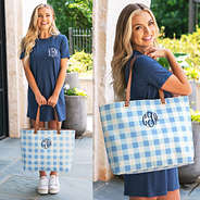 split shot of large tote with navy master circle monogram