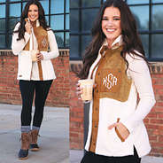 camel and ivory monogrammed cozy sherpa vest with leggings and duck boots