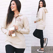 monogrammed oatmeal popover hoodie with leggings and sneakers
