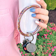 multicolor monogrammed confetti key ring and cup