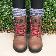 monogrammed combat boots with red laces