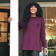 model wearing win waffle sweatshirt