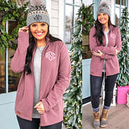mauve personalized zip up jacket with leggings, duck boots and monogrammed pom pom beanie