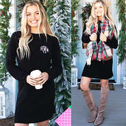 black monogrammed sweater dress with vest, blanket scarf and riding boots