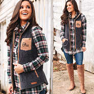 charcoal ohio state sherpa vest with plaid top and boots