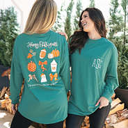 girls wearing fall long sleeve t shirt in teal front and back
