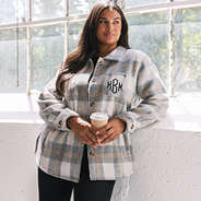 Julia wearing plaid shacket