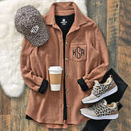 monogrammed corded shacket with leopard sneakers and leopard hat