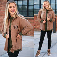 monogrammed corded shacket with olive long sleeve shirt