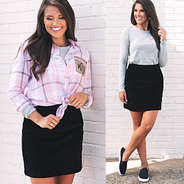casual outfit with black pull on skirt, gray, tee, and blush plaid tunic