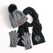 black monogrammed cable knit scarf with beanie and gloves