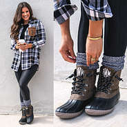 cute brown duck boots with plaid tunic outfit