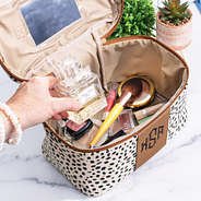 Monogrammed Spotted leopard Train Case Inside with makeup