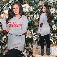 heathered gray believe sweatshirt with plaid elbow patches