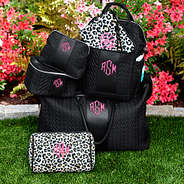 monogrammed quilted travel bag collection with neoprene ivory leopard