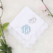 bridal handkerchief with blue monogram and rings