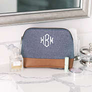 Personalized Chambray Cosmetic Case on bathroom counter
