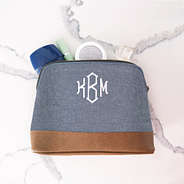 Monogrammed Chambray Cosmetic Case with makeup
