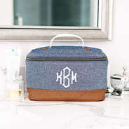Monogrammed Chambray Train Case on Bathroom Counter