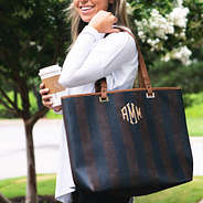 striped tote bag with fall clothes