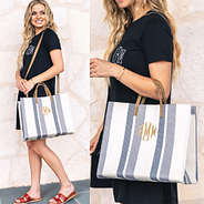 Girl holding striped handbag with ruffle dress