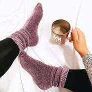 blush chenille socks with coffee