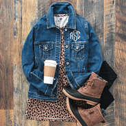 personalized denim jacket with leopard dropped layering tee and duck boots