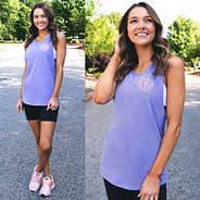 purple tank with pink monogram paired with bike shorts