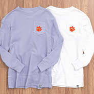 lavender and white clemson coastal crewnecks