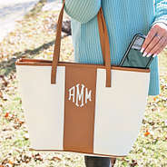 monogrammed canvas stripe tote with iphone