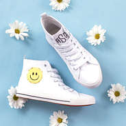 high top canvas sneakers with smiley face patch