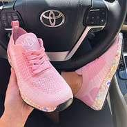 monogrammed confetti sneakers in car