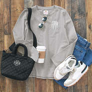 ootd vneck sweatshirt with jeans and quilted crossbody