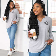 monogrammed v neck sweatshirt with jeans