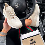 car pic of monogrammed tennis shoes - heathered tan