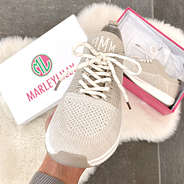 box pic of monogrammed tennis shoes - heathered tan