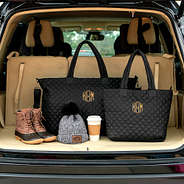 Monogrammed Diamond Quilted Weekender and Tote in trunk