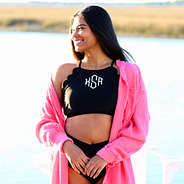 scalloped high neck bikini top styled with gauzy tunic by water