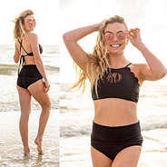 split image of scalloped high neck bikini top - black