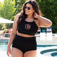 black monogrammed scalloped high neck bikini top