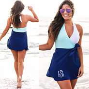 mint and navy color block swim dress front and back view