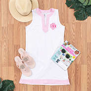 Personalized Sleeveless Cover Up in Pink Seersucker with Blush Flip Flops