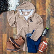 wofford khaki rain jacket with wood background