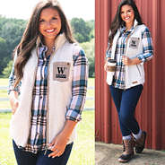 Wofford Sherpa Vest in Ivory with plaid layering tunic