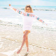 Oh Hey Sunny Vacay Jersey at beach with lounge shorts